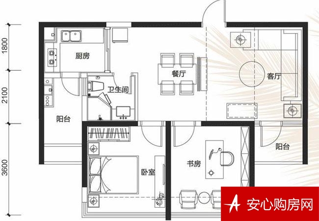  三亚棕榈滩C1户型 2室2厅1卫1厨 65