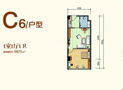 C6户型 1室1厅1卫1厨 59.73