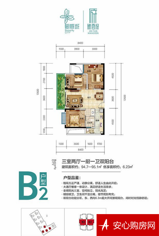 B2（94.7-95.1㎡）户型 3室2厅1卫1厨 94.7