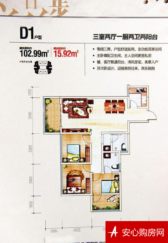 D1户型 3室2厅2卫1厨 102.99